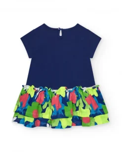 Vestido para niña en azul con estrella amarilla y falda floral