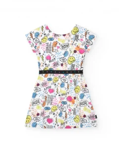 Vestido para niña en blanco con cinturón decorativo y estampado frontal