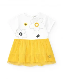 Vestido para niña en blanco y amarillo con flores y falda de tul