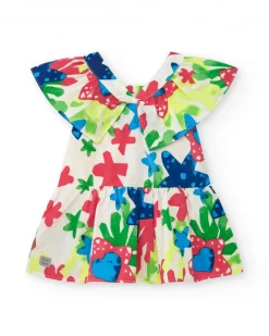 Vestido para niña en blanco con estampado floral y volantes