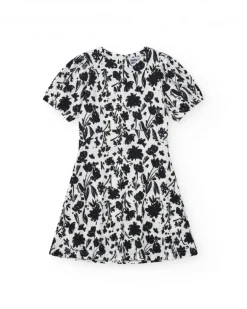 Vestido para niña en blanco y negro con mangas abullonadas y estampado floral
