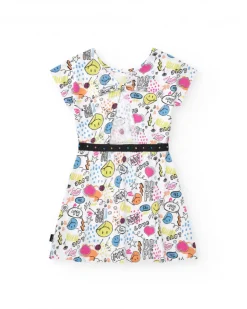 Vestido para niña en blanco con cinturón decorativo y estampado frontal