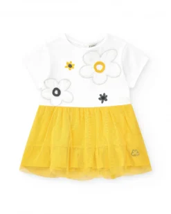 Vestido para niña en blanco y amarillo con flores y falda de tul