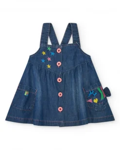 Vestido para niña en denim azul con bordado de estrellas