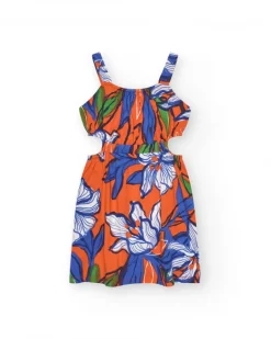 Vestido para niña en naranja con tirantes y estampado floral