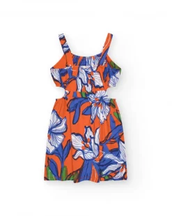 Vestido para niña en naranja con tirantes y estampado floral