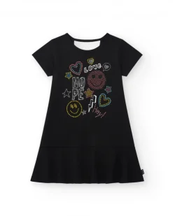 Vestido para niña en negro de manga corta y decorado con apliques de colores