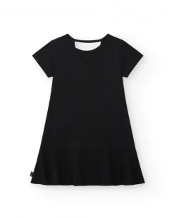 Vestido para niña en negro de manga corta y decorado con apliques de colores