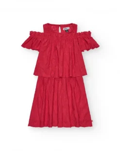 Vestido para niña en rojo con volantes y hombros descubiertos
