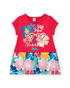 Vestido para niña en rojo con falda floral y detalles de lentejuelas