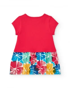 Vestido para niña en rojo con falda floral y detalles de lentejuelas