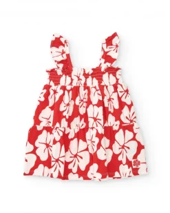Vestido para niña en rojo con estampado floral y tirantes fruncidos