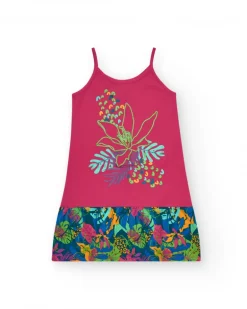 Vestido para niña en rosa con estampado tropical y flor bordada