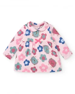 Vestido para niña en rosa con estampado floral y erizos colección Hedgehog Forest