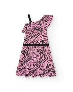 Vestido para niña en rosa y negro con diseño asimétrico y detalle con apliques