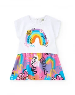Vestido para niña en rosa con arcoíris y falda fluida