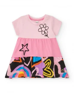 Vestido para niña en rosa con estrellas y flores multicolor