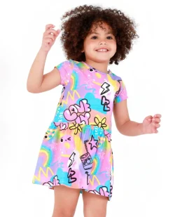 Vestido para niña en rosa con estampado de estrellas y arcoíris