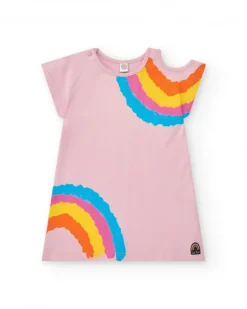 Vestido para niña en rosa con arcoíris y botones en el cuello