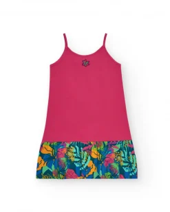 Vestido para niña en rosa con estampado tropical y flor bordada