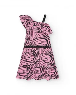 Vestido para niña en rosa y negro con diseño asimétrico y detalle con apliques