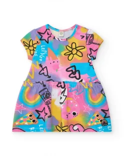 Vestido para niña en rosa con estampado de estrellas y arcoíris