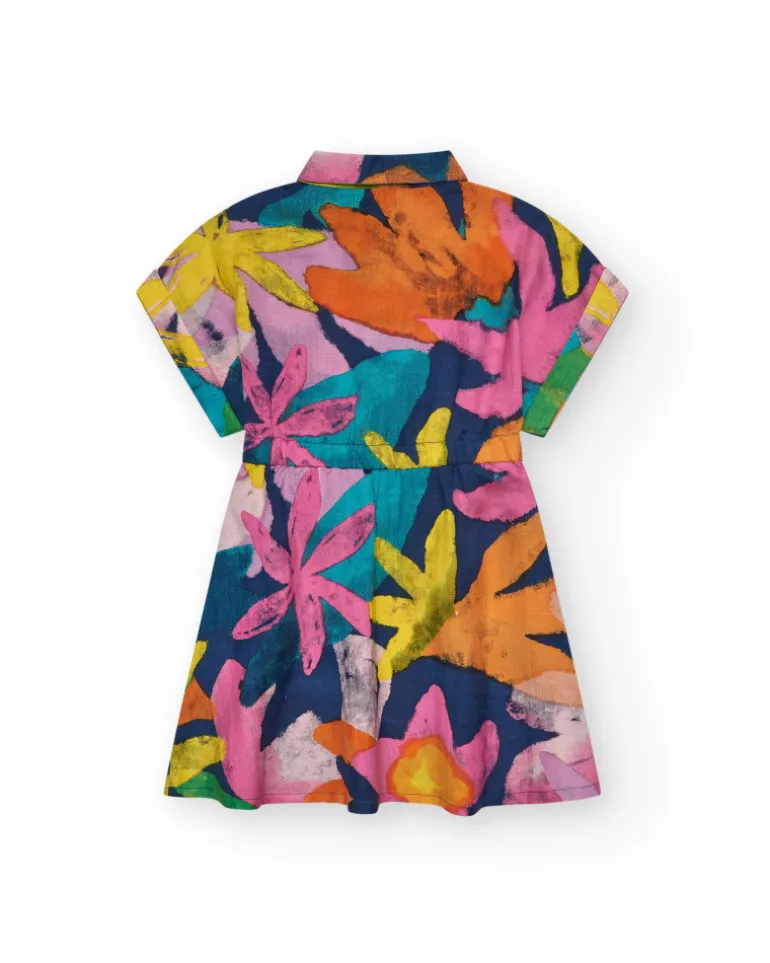 Vestido para niña multicolor con cuello camisero y cierre con botones