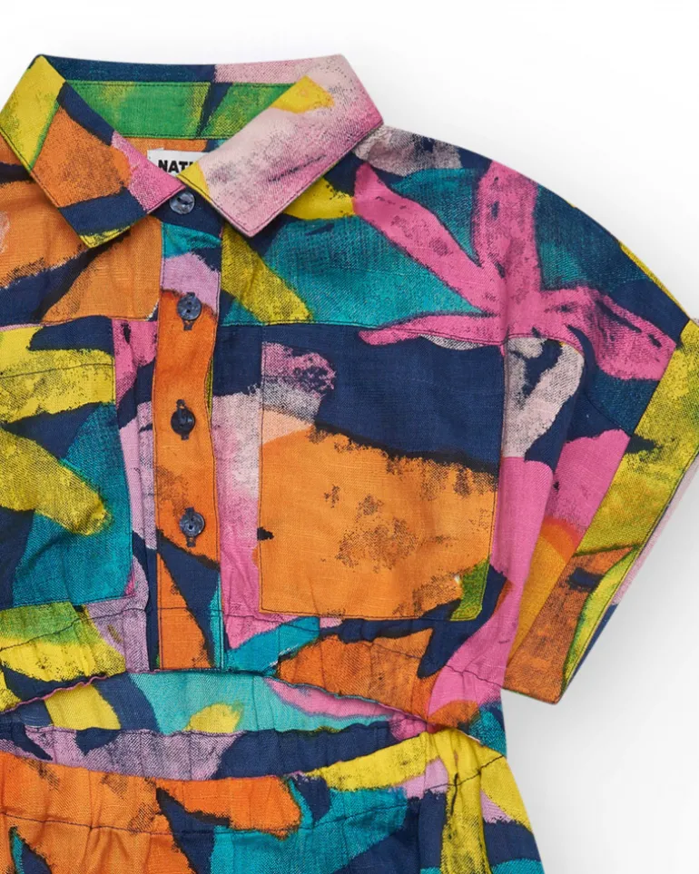 Vestido para niña multicolor con cuello camisero y cierre con botones