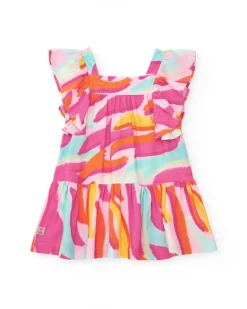 Vestido rosa de popelín para niña con estampado multicolor y volantes