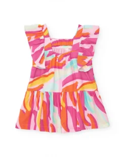 Vestido rosa de popelín para niña con estampado multicolor y volantes