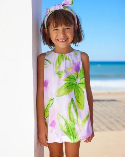 Vestido rosa floral para niña con plisado