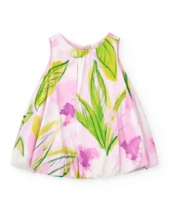 Vestido rosa floral para niña con plisado