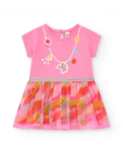 Vestido rosa para niña con falda estampada y ribete plateado