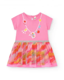 Vestido rosa para niña con falda estampada y ribete plateado