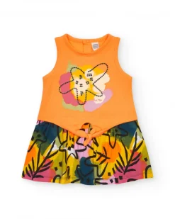 Vestido sin mangas para niña con top naranja y falda estampada