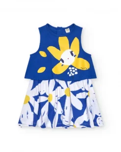 Vestido sin mangas para niña en azul con flor y falda de margaritas