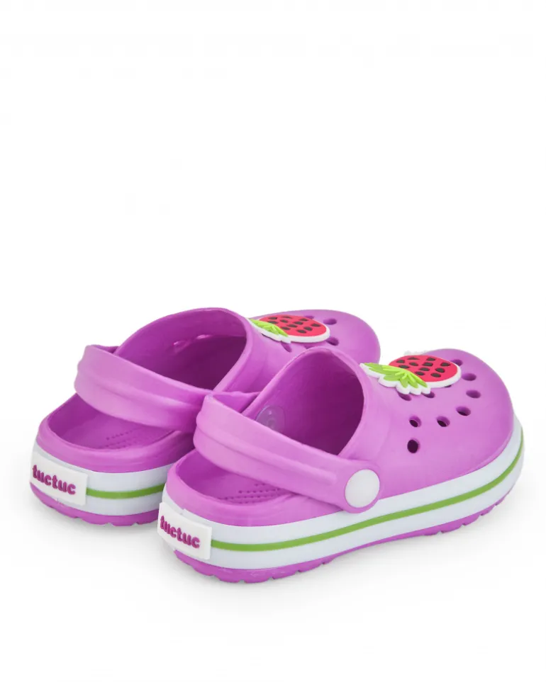 Zuecos para niña en fucsia con detalle de sandía